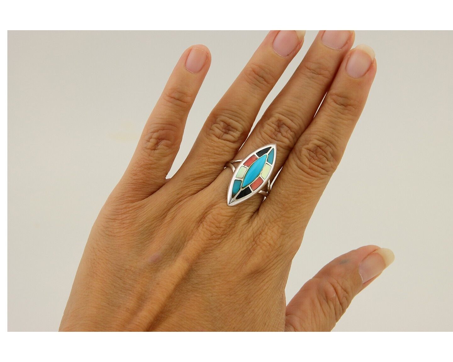 Navajo Ring 925 Silver Turquoise Shell Onyx Spiney Oyster Native Artist C80's