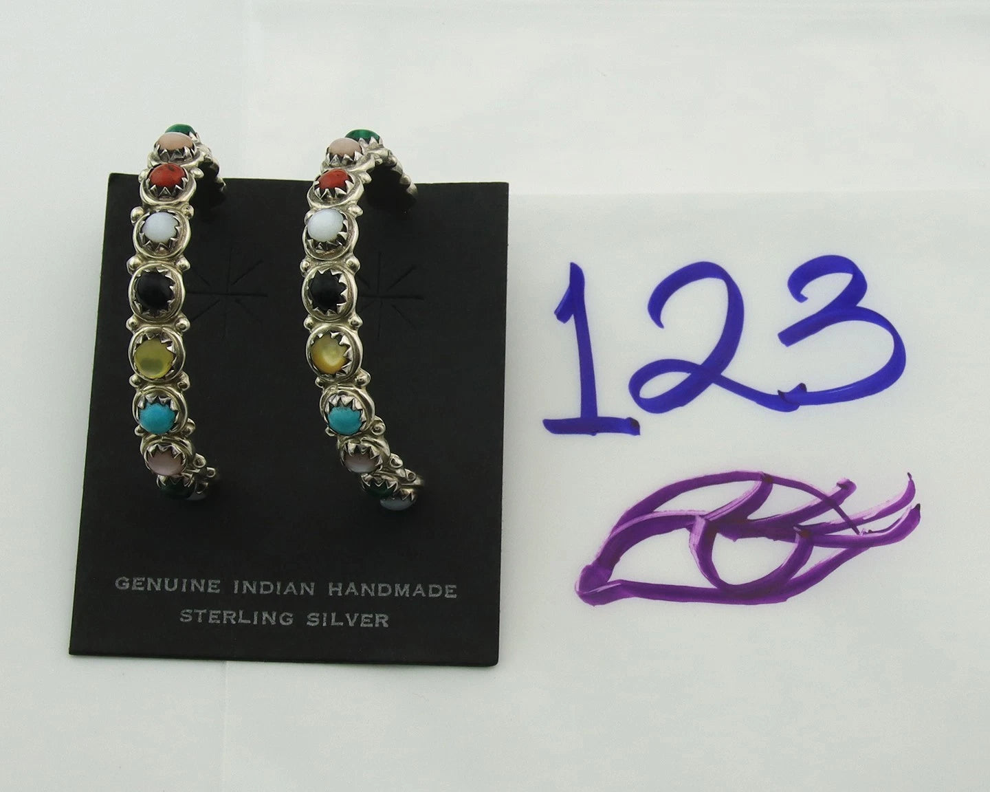 Navajo Hoop Earrings Sterling Silver Natural Gemstones Vintage Signed MCA