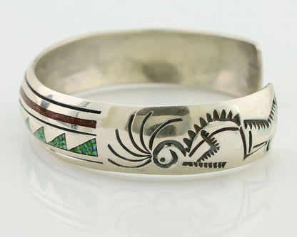 Navajo Inlay Bracelet 925 Silver Turquoise & Coral Signed Stanely Bain C.80's