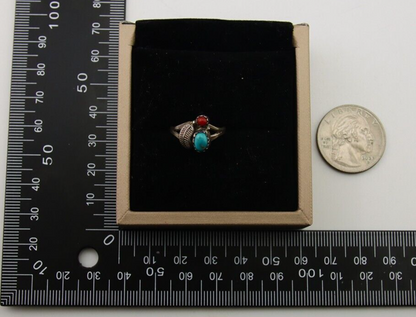 Navajo Handmade Ring 925 Silver Turquoise & Coral Native Artist C.80's