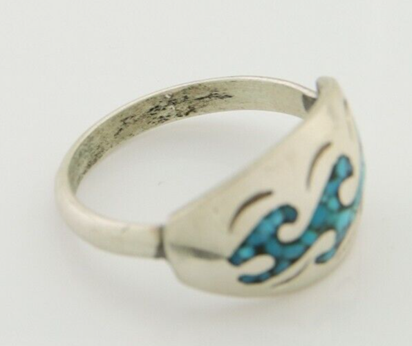 Navajo Wave Ring 925 Silver Turquoise Native Artist C.80's