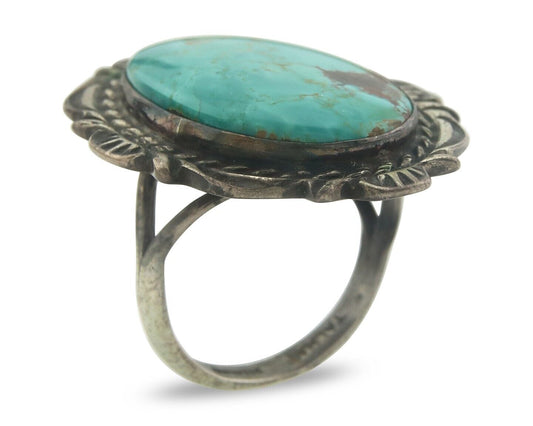 Navajo Ring 925 Sterling Turquoise Handmade Signed TALHAT C.80's Size 8.0