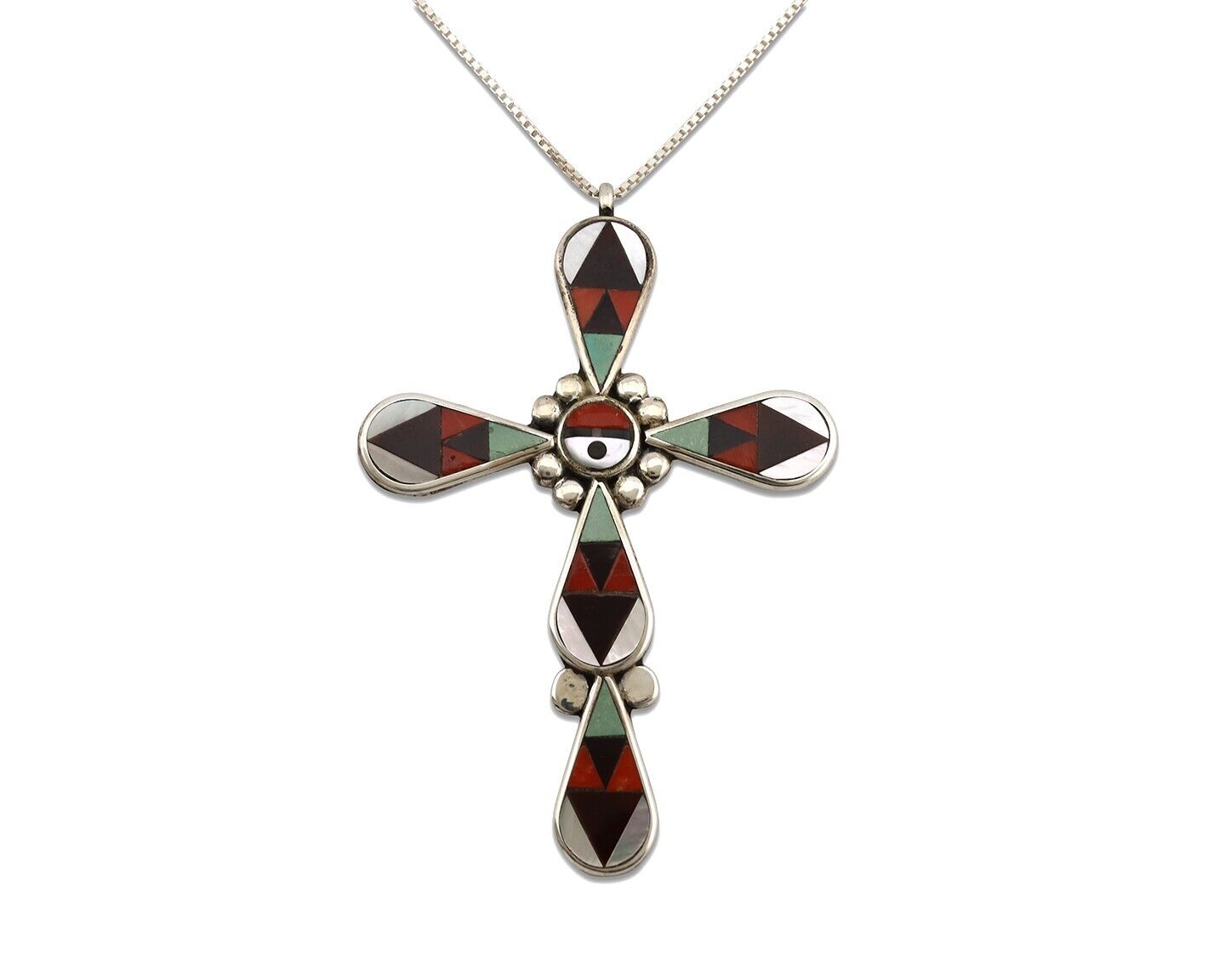 Zuni Cross Necklace 925 Silver Gemstone Artist Signed Zeno & Maryann Edaaki C80s