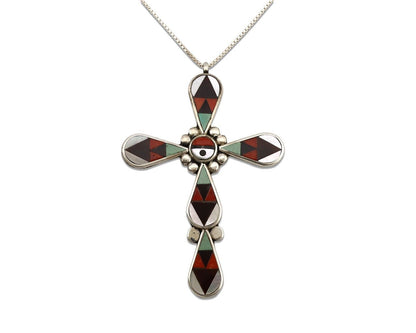 Zuni Cross Necklace 925 Silver Gemstone Artist Signed Zeno & Maryann Edaaki C80s