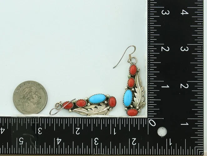 Navajo Necklace Earring Set 925 Sterling Silver Turquoise & Coral Signed RB