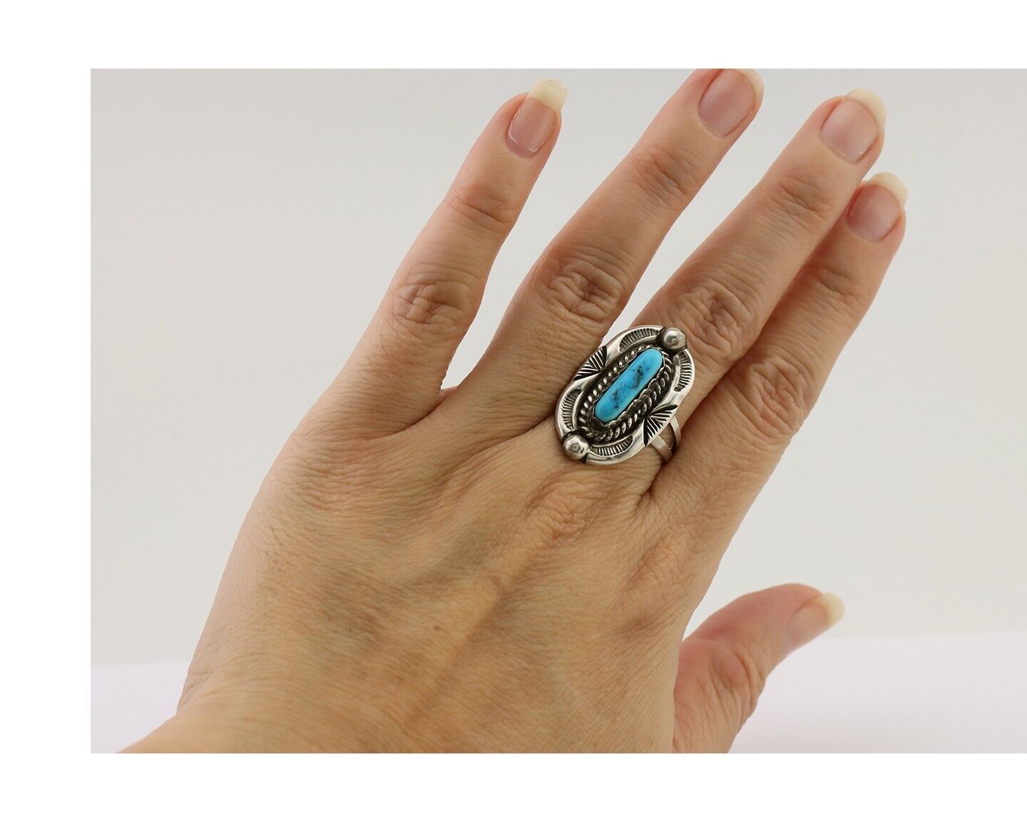 Navajo Ring 925 Silver Sleeping Beauty Turquoise Signed V & N EDSITTY C.80's
