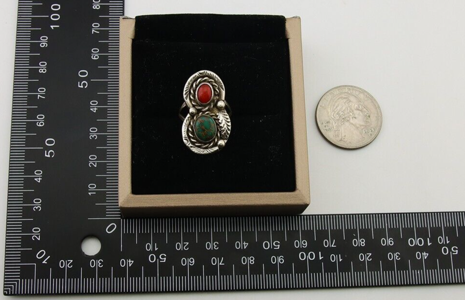 Navajo Handmade Ring 925 Silver Turquoise & Coral Native Artist C.80's