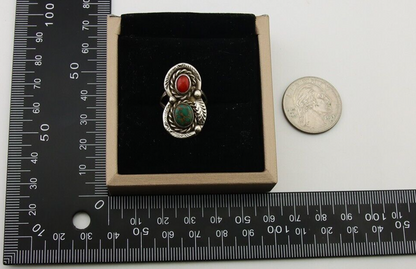 Navajo Handmade Ring 925 Silver Turquoise & Coral Native Artist C.80's