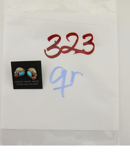 Navajo Earrings 925 Silver Natural Coral & Turquoise Native Artist C.80's