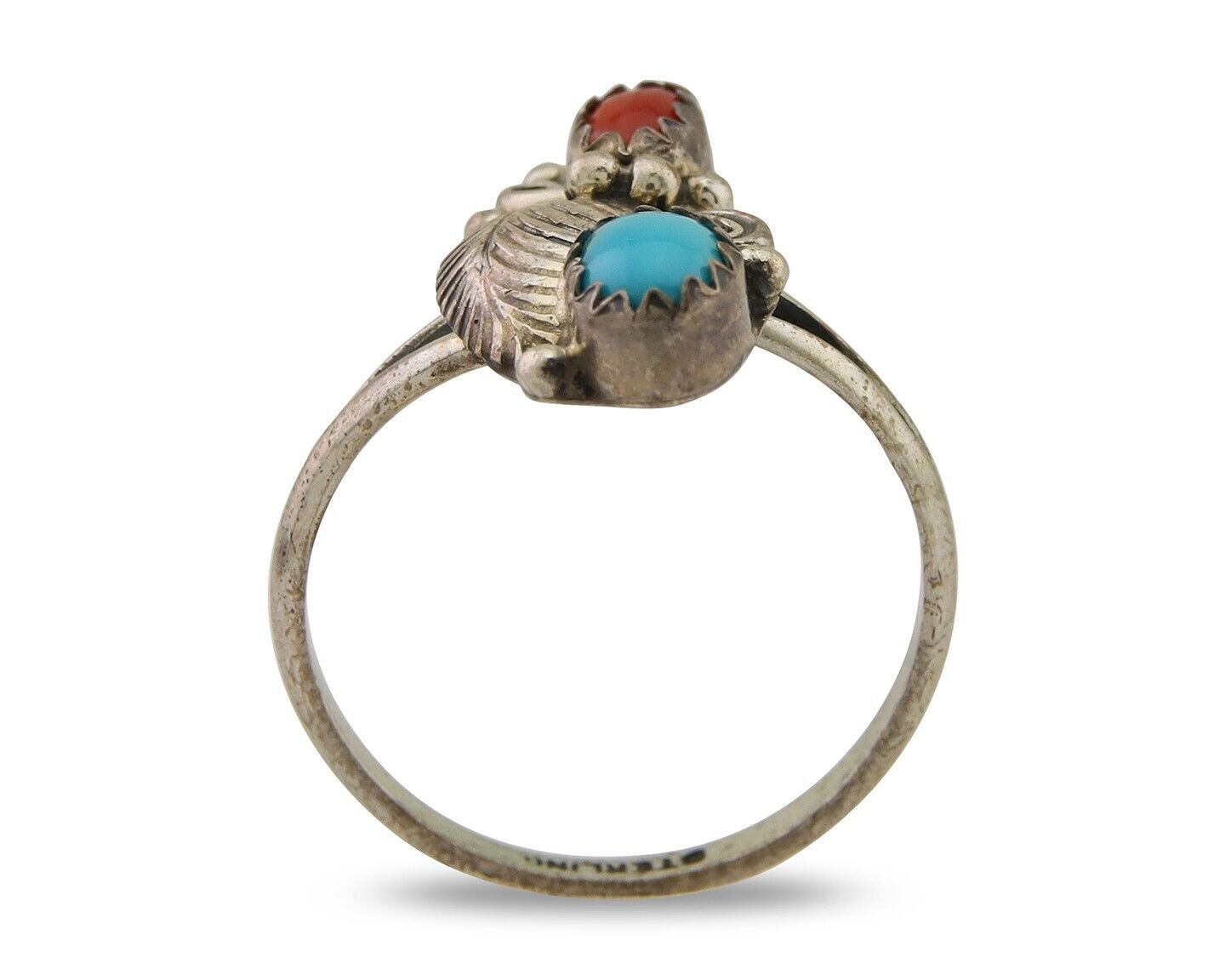 Navajo Handmade Ring 925 Silver Turquoise & Coral Native Artist C.80's