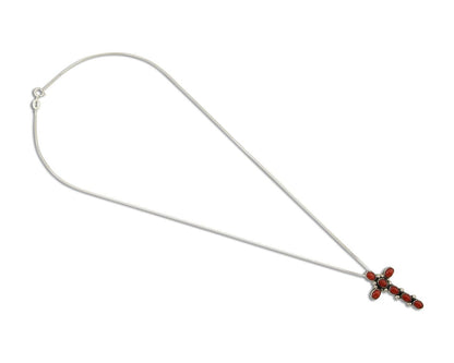 Navajo Cross Necklace 925 Silver Mediterranean Coral Native American Artist C80s