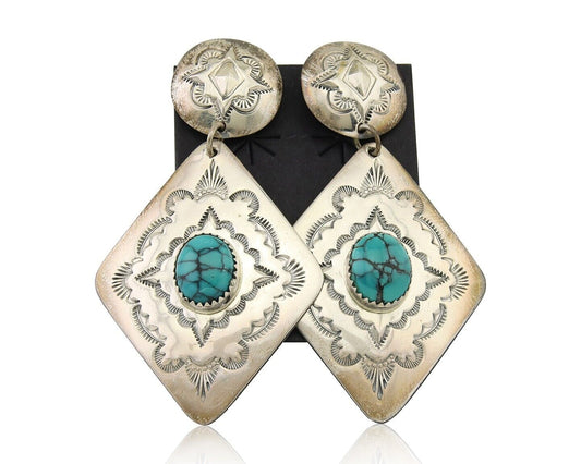 Navajo Dangle Earrings 925 Silver Natural Blue Turquoise Artist Signed LS C.80's