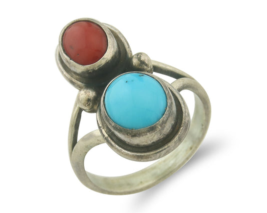 Vintage Navajo Ring 925 Sterling Natural Coral & Turquoise Native Artist Size 8