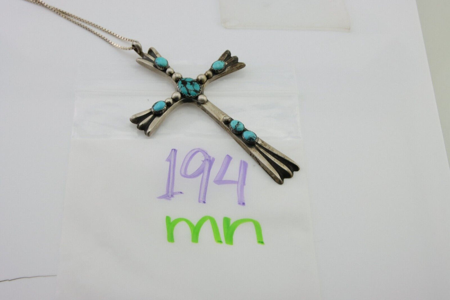 Navajo Sand Cast Cross Pendant 925 Silver Turquoise Signed RJ SILVERSMITHS C.80s