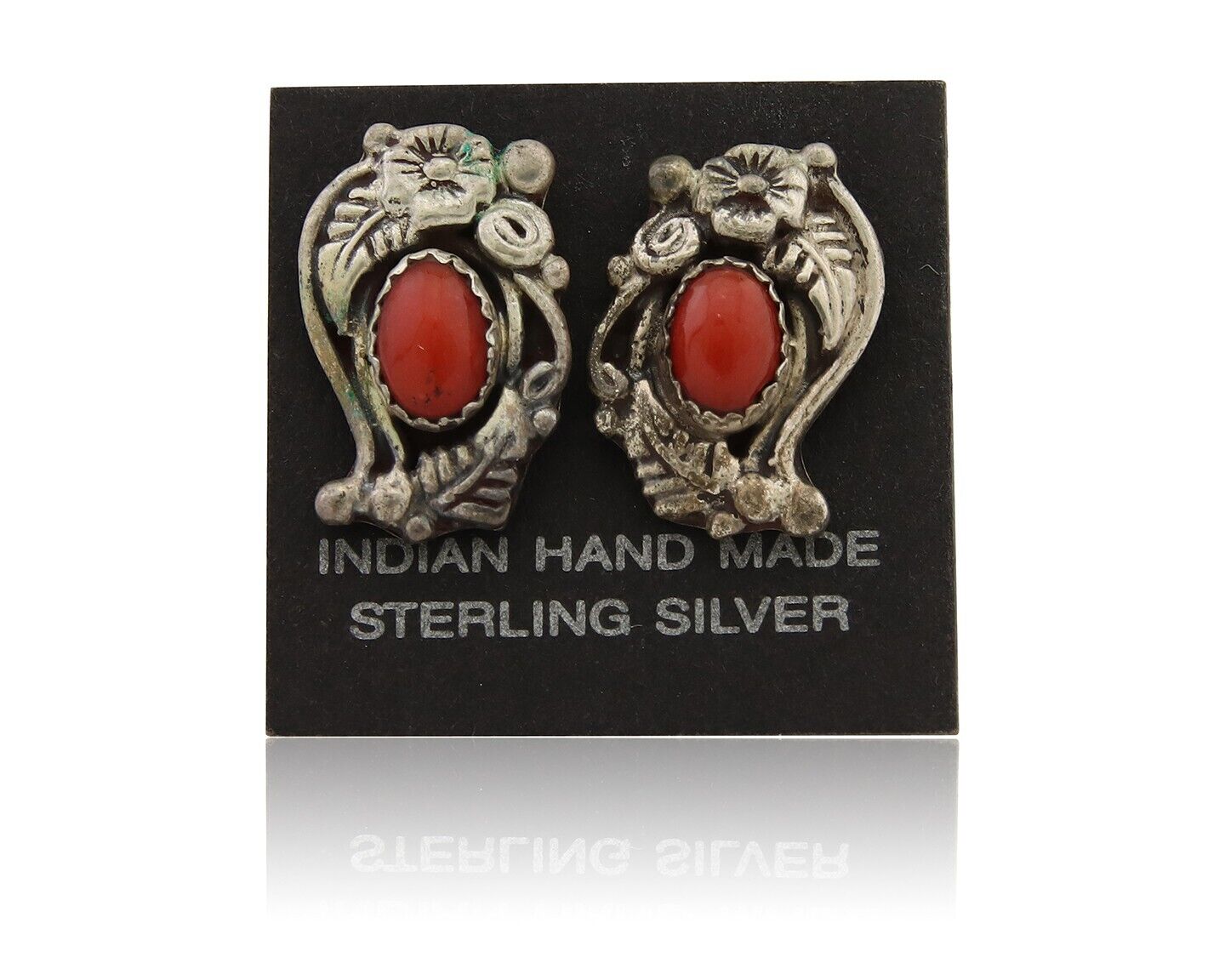Navajo Earrings 925 Silver Natural Red Coral Artist Signed Begay C.80's