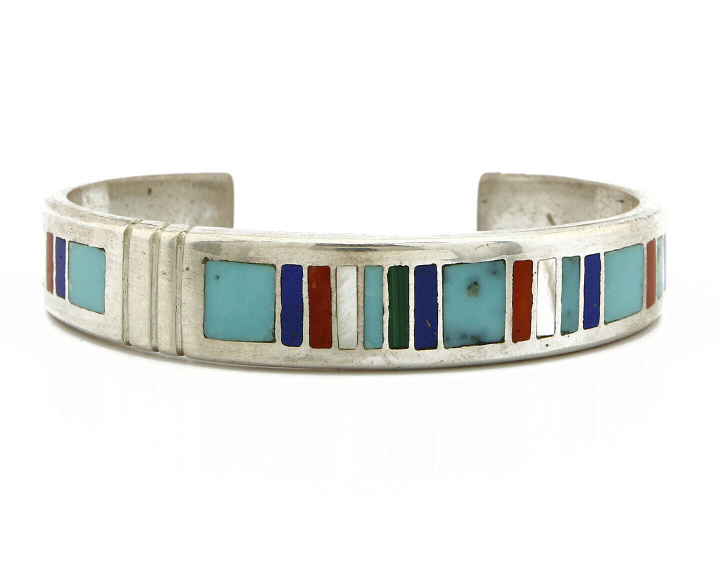 Navajo Artist Signed EDD.B. Gemstone Inlaid .925 Silver Cuff