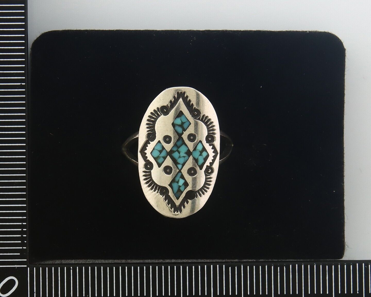 Navajo Ring 925 Sterling Natural Chip Inlay Turquoise C.80's Size 5.75