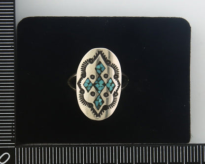 Navajo Ring 925 Sterling Natural Chip Inlay Turquoise C.80's Size 5.75