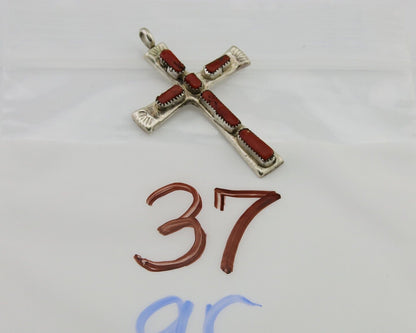 Zuni Cross Pendant 925 Silver Mediterranean Coral Signed J Iule C.80s