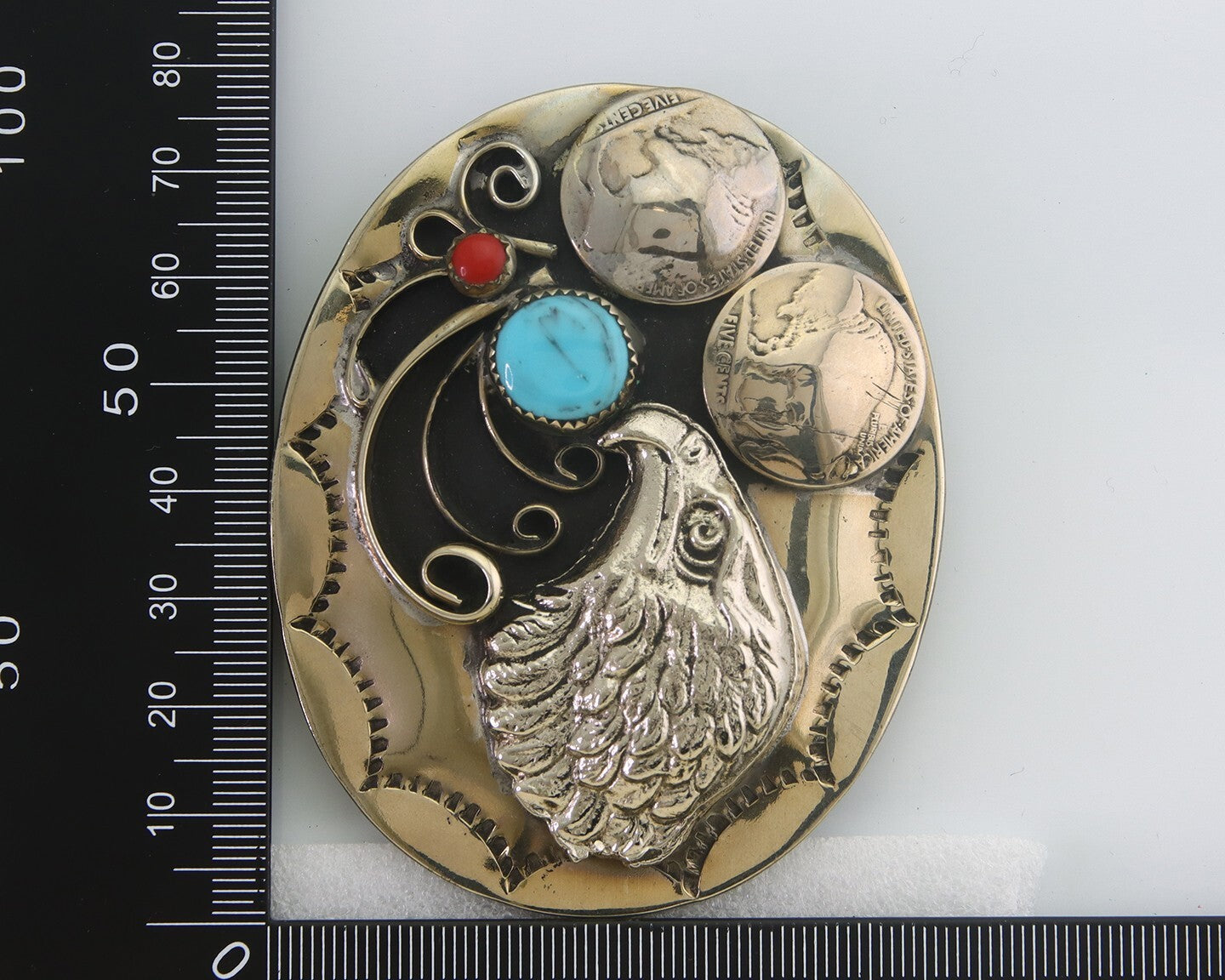 Navajo Belt Buckle .999 Nickel Buffalo Gemstone Handmade 2.35 x 3.0 in C.80's