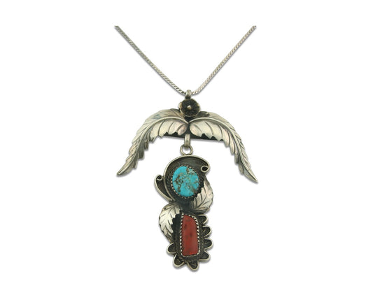 Vintage Navajo Necklace 925 Silver Turquoise & Coral Native Artist