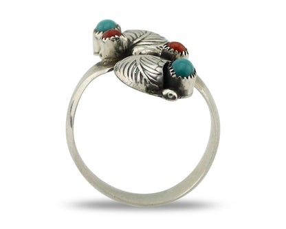 Navajo Adjustable Ring 925 Silver Turquiose & Coral Native Artist C.80's