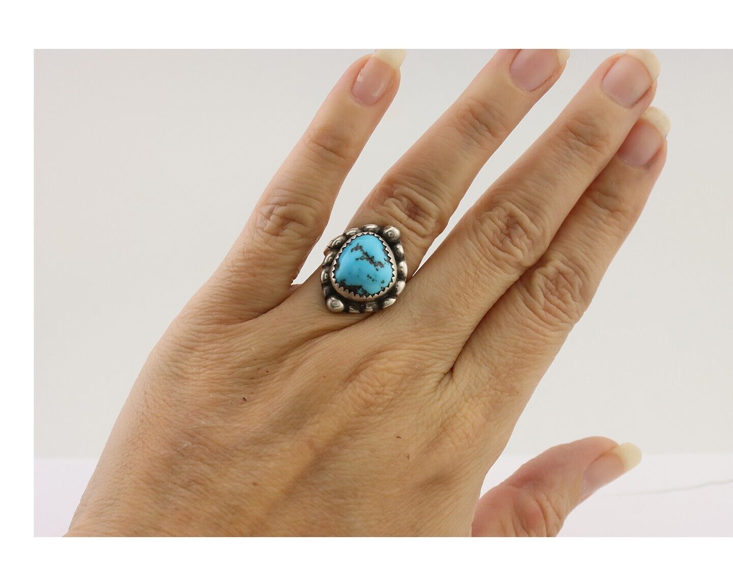 Navajo Ring 925 Silver Sleeping Beauty Turquoise Artist Signed SC C.80's