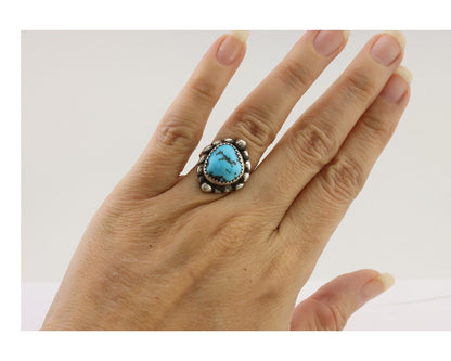 Navajo Ring 925 Silver Sleeping Beauty Turquoise Artist Signed SC C.80's