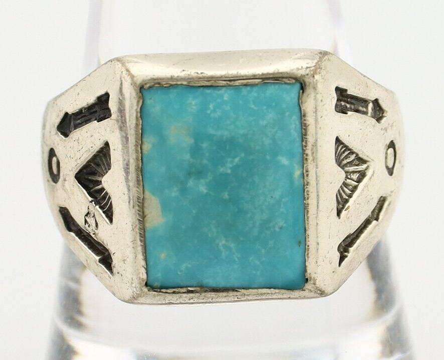 Navajo Ring 925 Silver Kingman Turquoise Signed Sun Bell Silver Company C.80's