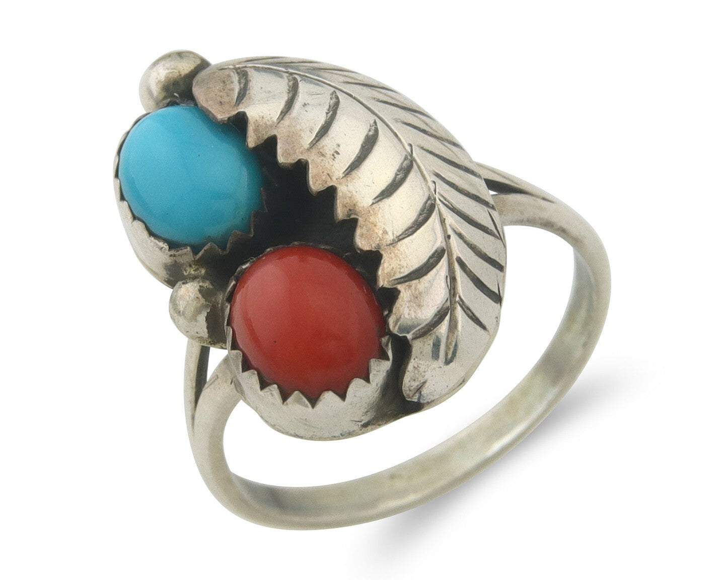 Navajo Ring 925 Sterling Natural Coral & Turquoise Signed BB C.80's Size 7.0