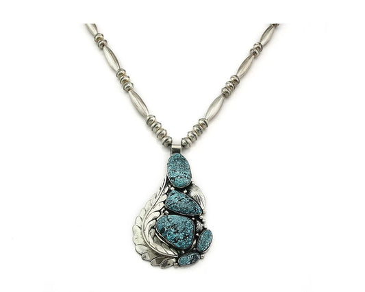 Navajo Bead Necklace Sterling Silver Fine Spiderweb Turquoise Signed Tom Willeto