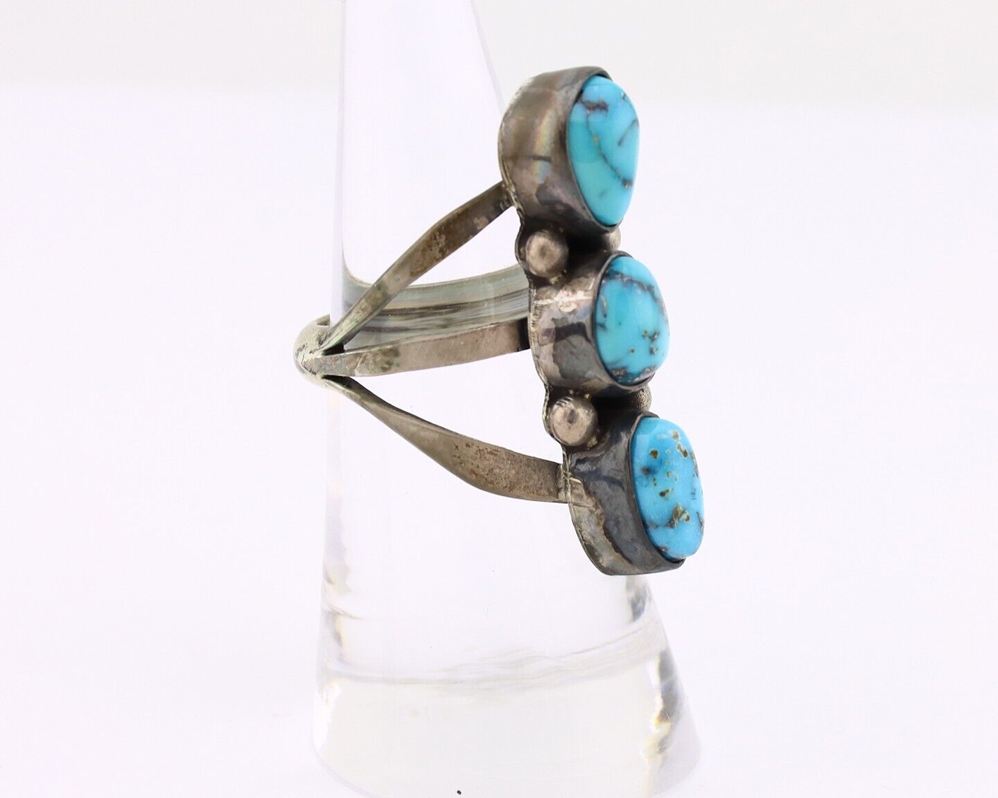 Navajo 3 Stone Ring 925 Silver Morenci Turquoise Native American Artist C.80's