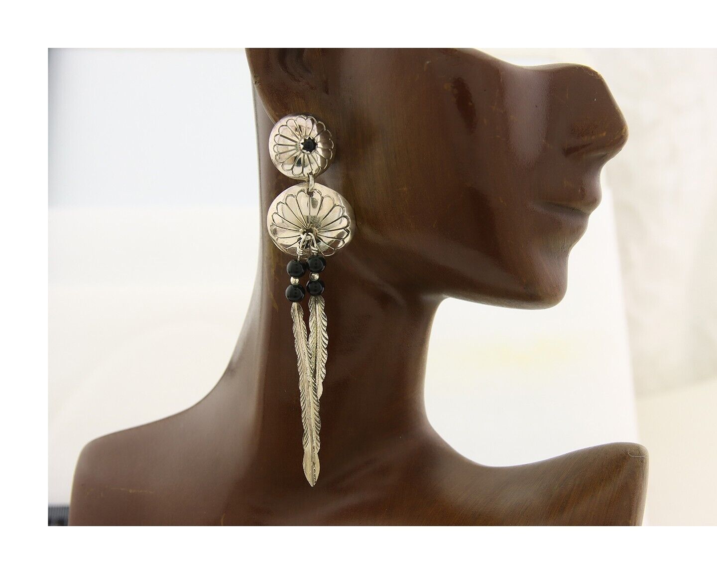Navajo Earrings 925 Silver Handmade Natural Black Onyx Native American C.80's
