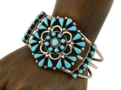 Men Navajo Bracelet 925 Silver Natural Blue Turquoise Signed Benson Yazzie C80s