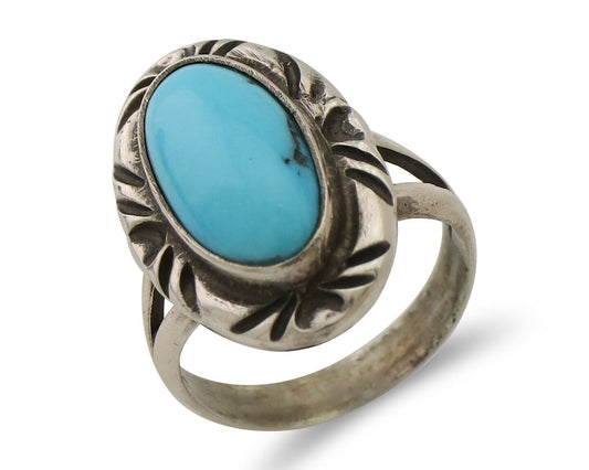 Navajo Ring 925 Silver Sleeping Beauty Turquoise Artist Signed SC C.80's