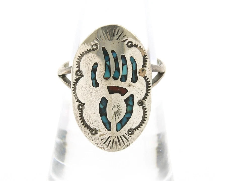 Navajo Bagger Paw Ring Sterling Silver Natural Gemstone Vintage Size 5.75