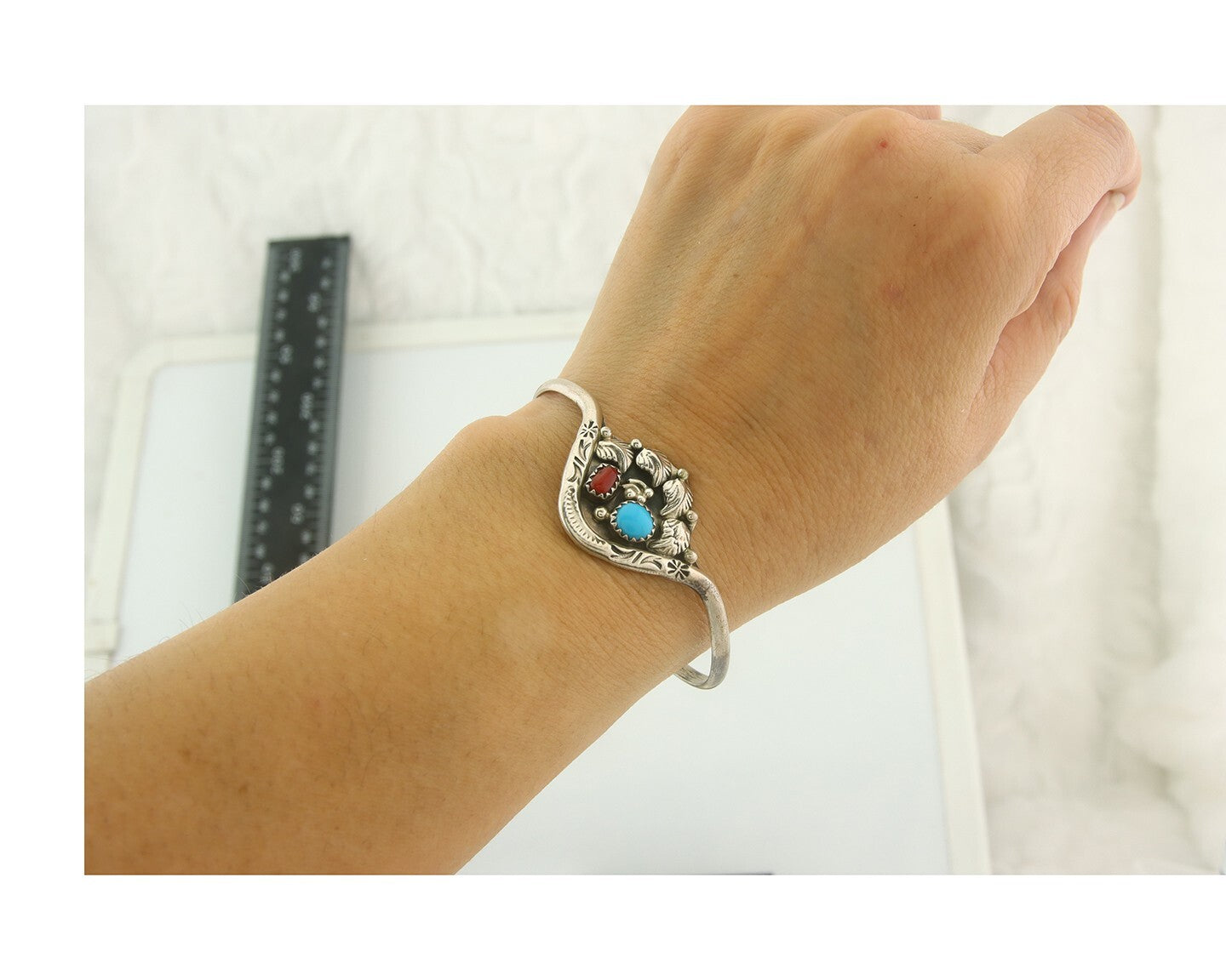 Navajo Bracelet 925 Silver Coral & Turquoise Cuff Signed Running Bear C.80's