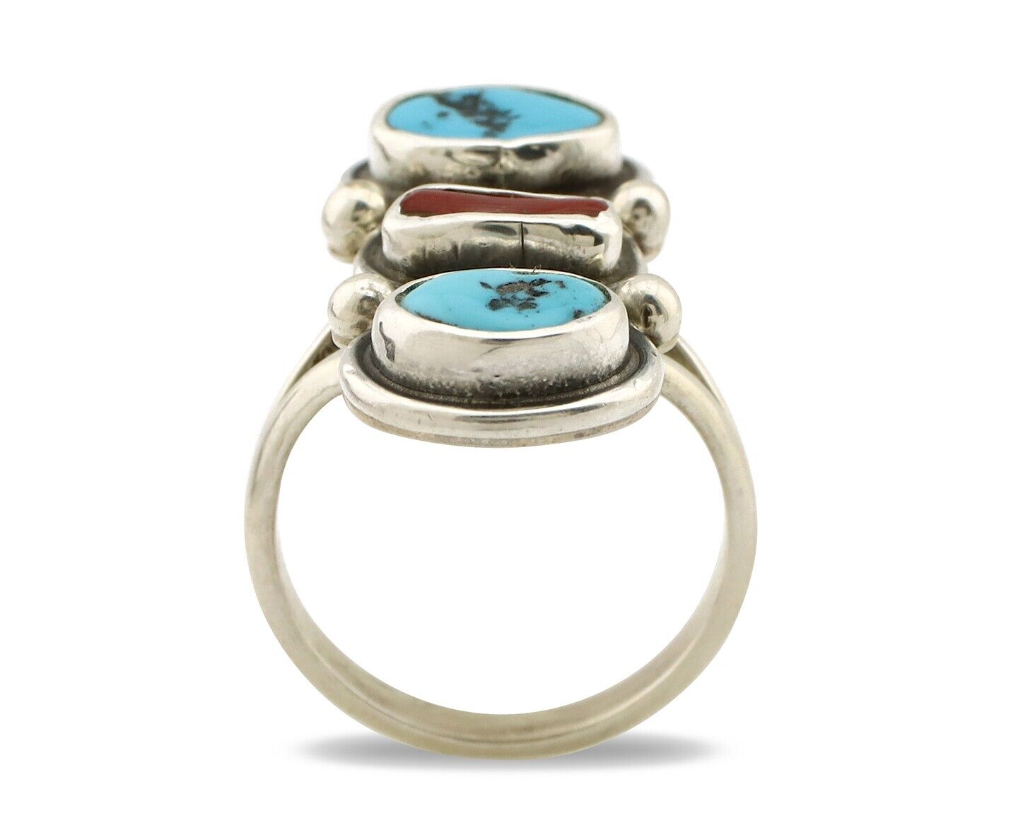 Navajo Ring 925 Silver Sleeping B Turquoise & Coral Native American Artist C.80s