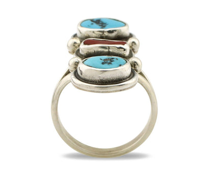 Navajo Ring 925 Silver Sleeping B Turquoise & Coral Native American Artist C.80s