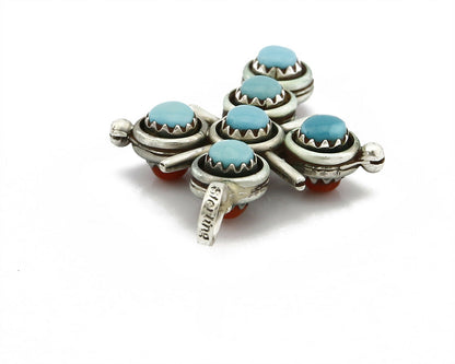 Zuni Natural Turquoise and Coral Reversible 925 Silver Handmade Pendant