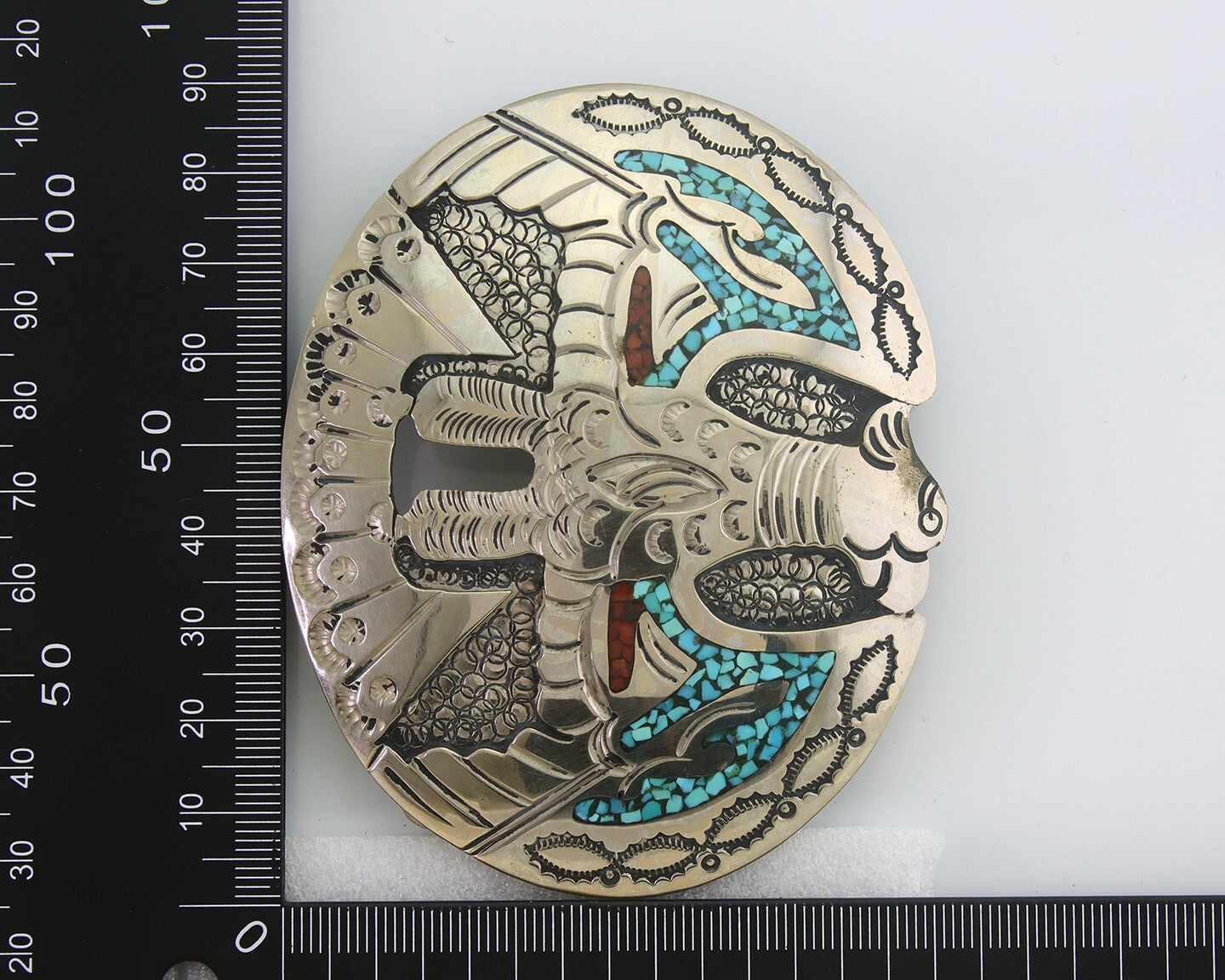Navajo Belt Buckle .999 Nickel Buffalo Gemstone Signed Jimmie Nezzie 3x3.5in C80