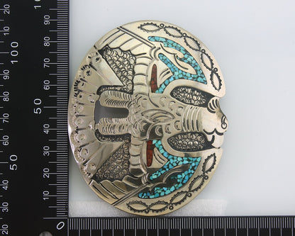 Navajo Belt Buckle .999 Nickel Buffalo Gemstone Signed Jimmie Nezzie 3x3.5in C80