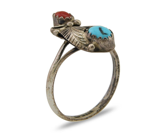 Navajo Handmade Ring 925 Silver Turquoise & Coral Native Artist C.80's