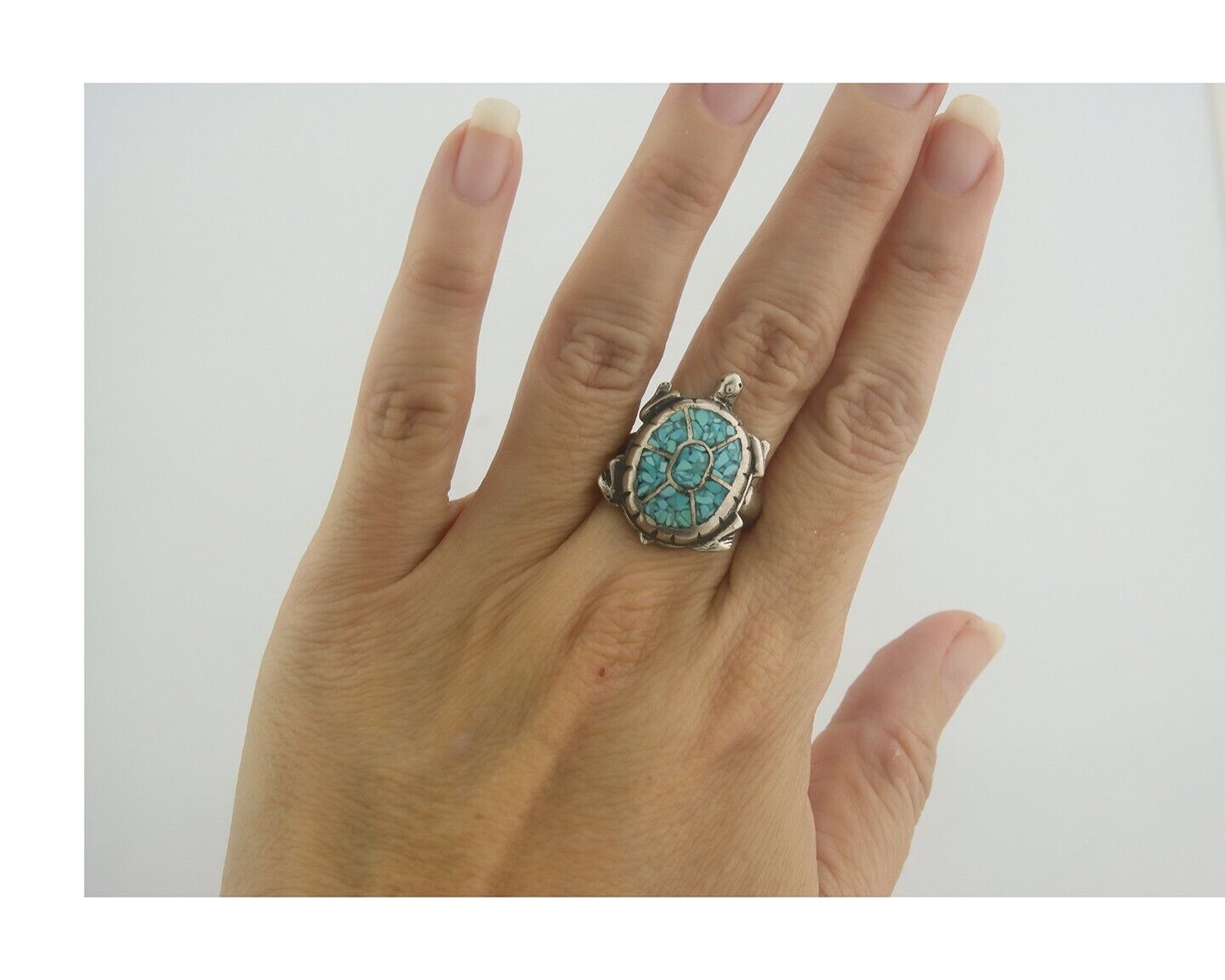 Navajo Ring 925 Silver Inlaid Turtle Turquoise C.80's Size 8.0