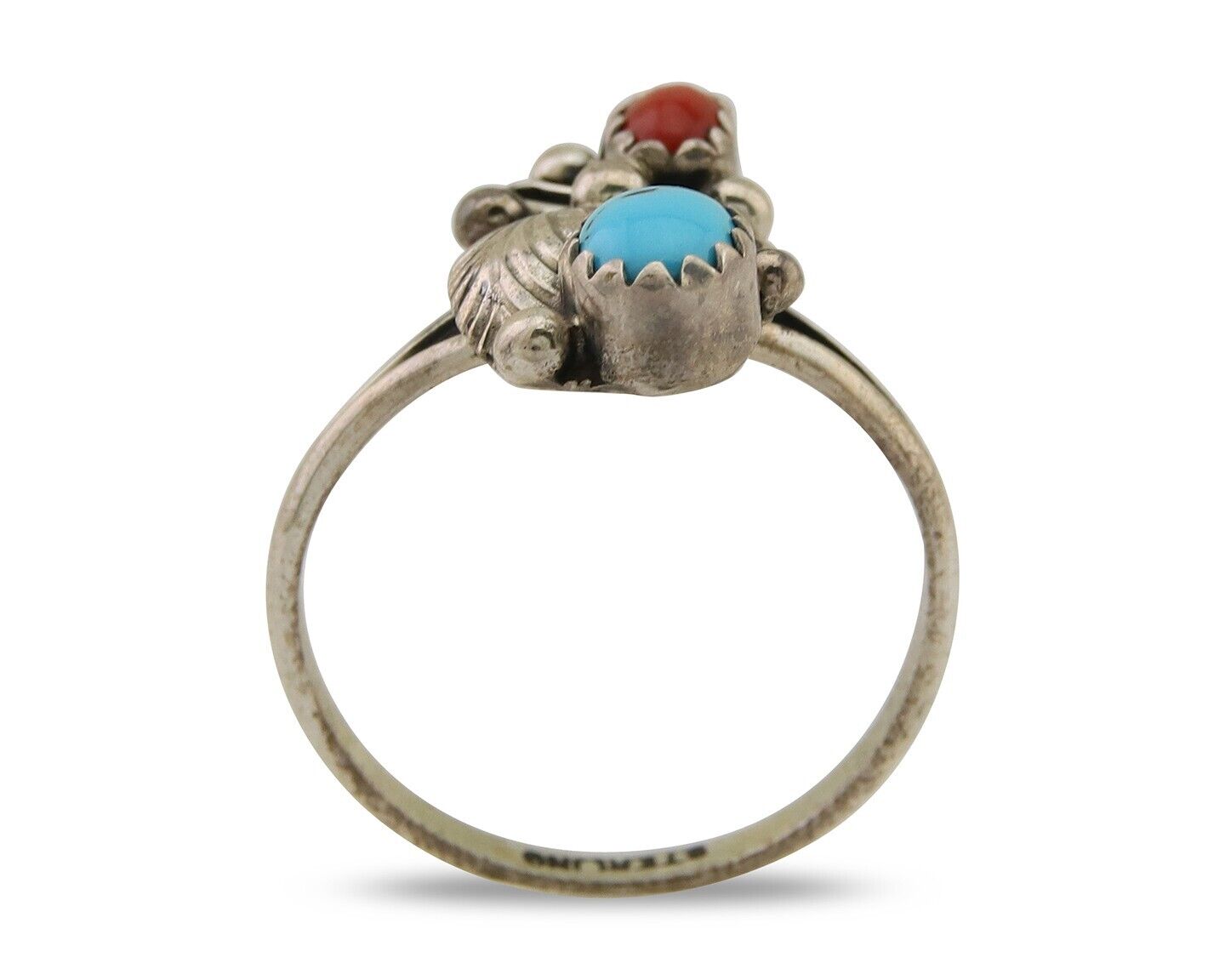 Navajo Handmade Ring 925 Silver Turquoise & Coral Native Artist C.80's