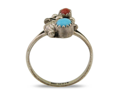 Navajo Handmade Ring 925 Silver Turquoise & Coral Native Artist C.80's