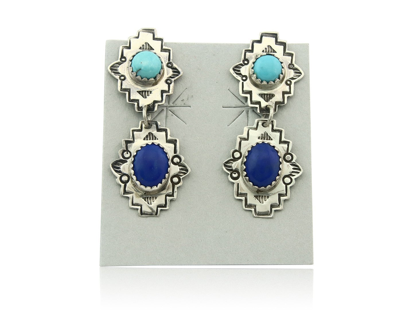 Navajo Earrings Sterling Silver Lapis & Truquoise Vintage Signed Mary Ellen