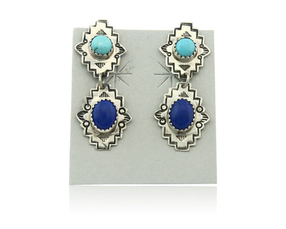 Navajo Earrings Sterling Silver Lapis & Truquoise Vintage Signed Mary Ellen