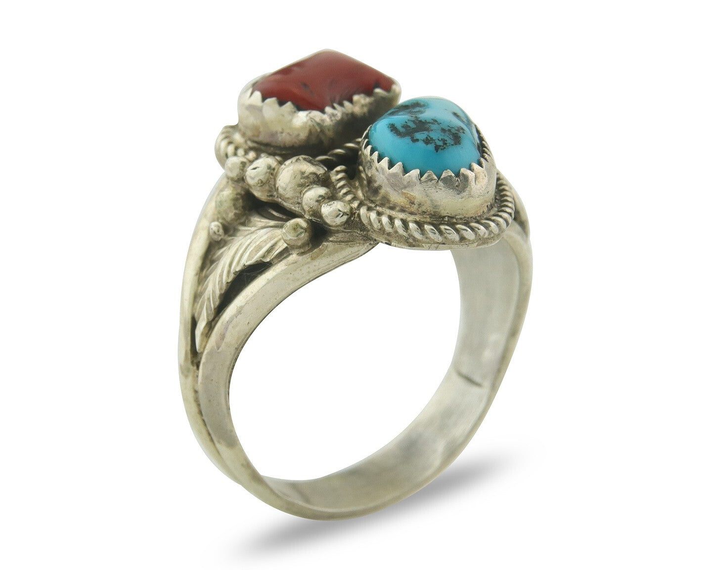 Men Navajo Ring 925 Sterling Natural Coral & Turquoise Signed JM C.80's Sz 11.5