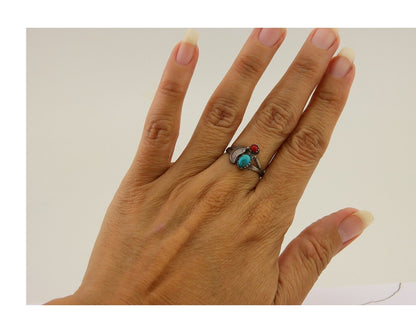 Navajo Handmade Ring 925 Silver Turquoise & Coral Native Artist C.80's
